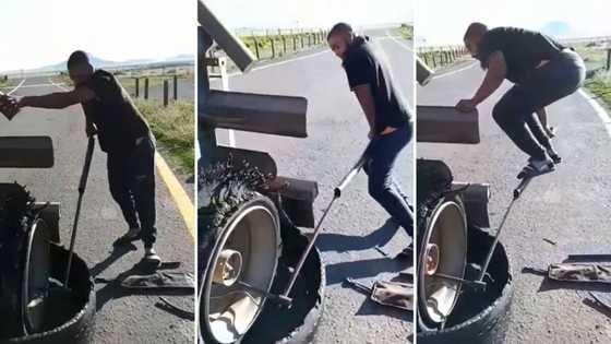 Mzansi amused by video of man struggling to change a truck tyre: "Righty tighty, lefty loosey"