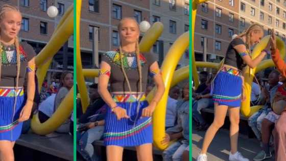 South Africa hypes young Danish woman in traditional attire dancing in Mzansi