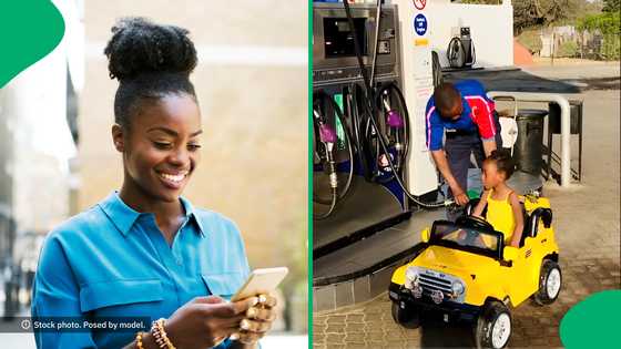 "Full tank ka R5": Adorable girl pulls up to Engen garage in stylish ride, SA loves the cuteness