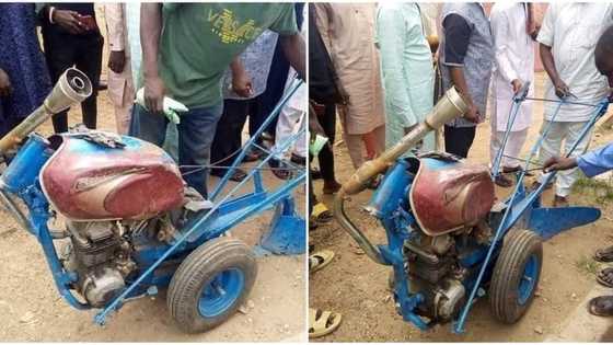 Innovative man converts motorcycle into tractor, displays how it works and people gather to admire it