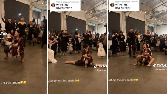Vibey woman twerks and splits on wedding dance floor while carrying her baby, amusing video goes viral