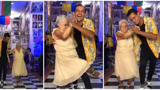 Old woman drops walking aid, busts legwork as she dances with young man, video goes viral