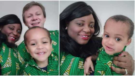 Social media users gush as lady, her hubby and son storm England birthday party in native wear