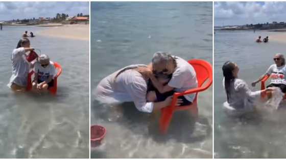 Lady spotted in video bathing her 94 year old grandma with a chair in the ocean to make her dream come true