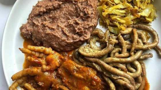 Dish of chicken intestines and brown pap has some peeps disgusted and others ready to dig in