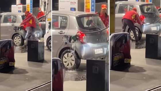 Video of petrol attendant running for hose leaking petrol all over car has Mzansi gasping: Man lost his job